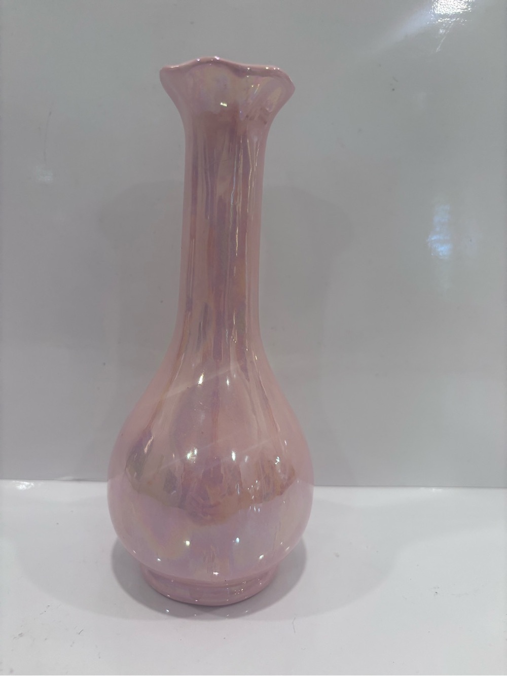 Vintage Pink Lustreware Ceramic Bud Vase – Iridescent Pearl Finish – 8” Tall